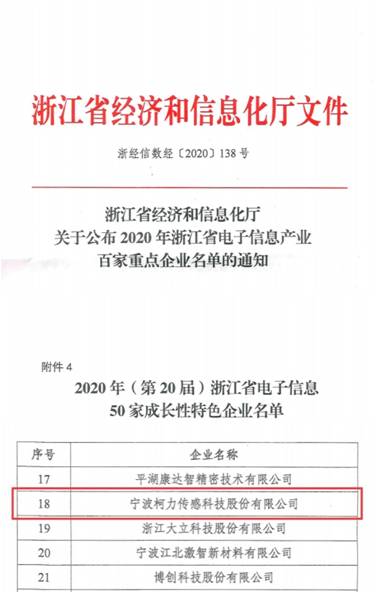 喜讯！爱体育电子首页传感再次入选浙江省电子信息产业百家重点企业